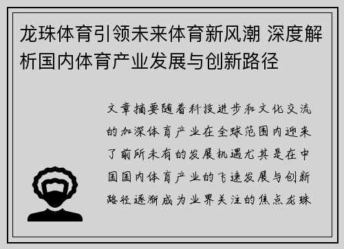 龙珠体育引领未来体育新风潮 深度解析国内体育产业发展与创新路径